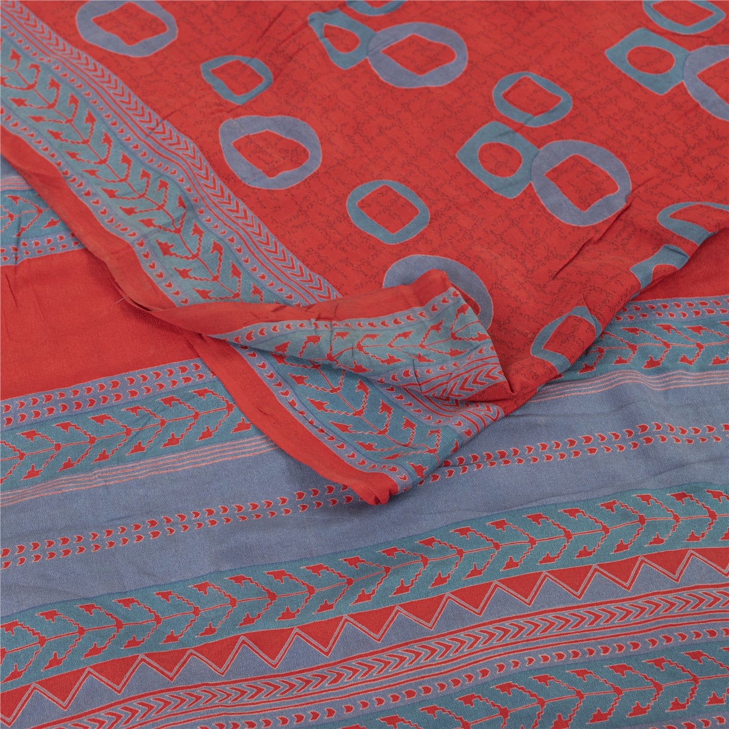 Sanskriti Vintage Sarees Red & Blue Pure Crepe Printed Sari 5+yd Craft Fabric