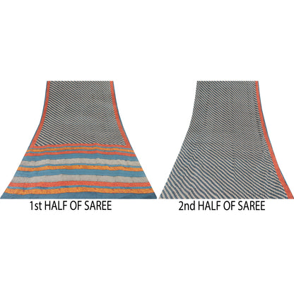 Sanskriti Vintage Sarees Blue Pure Crepe Silk Printed Sari 5+yd Craft Fabric