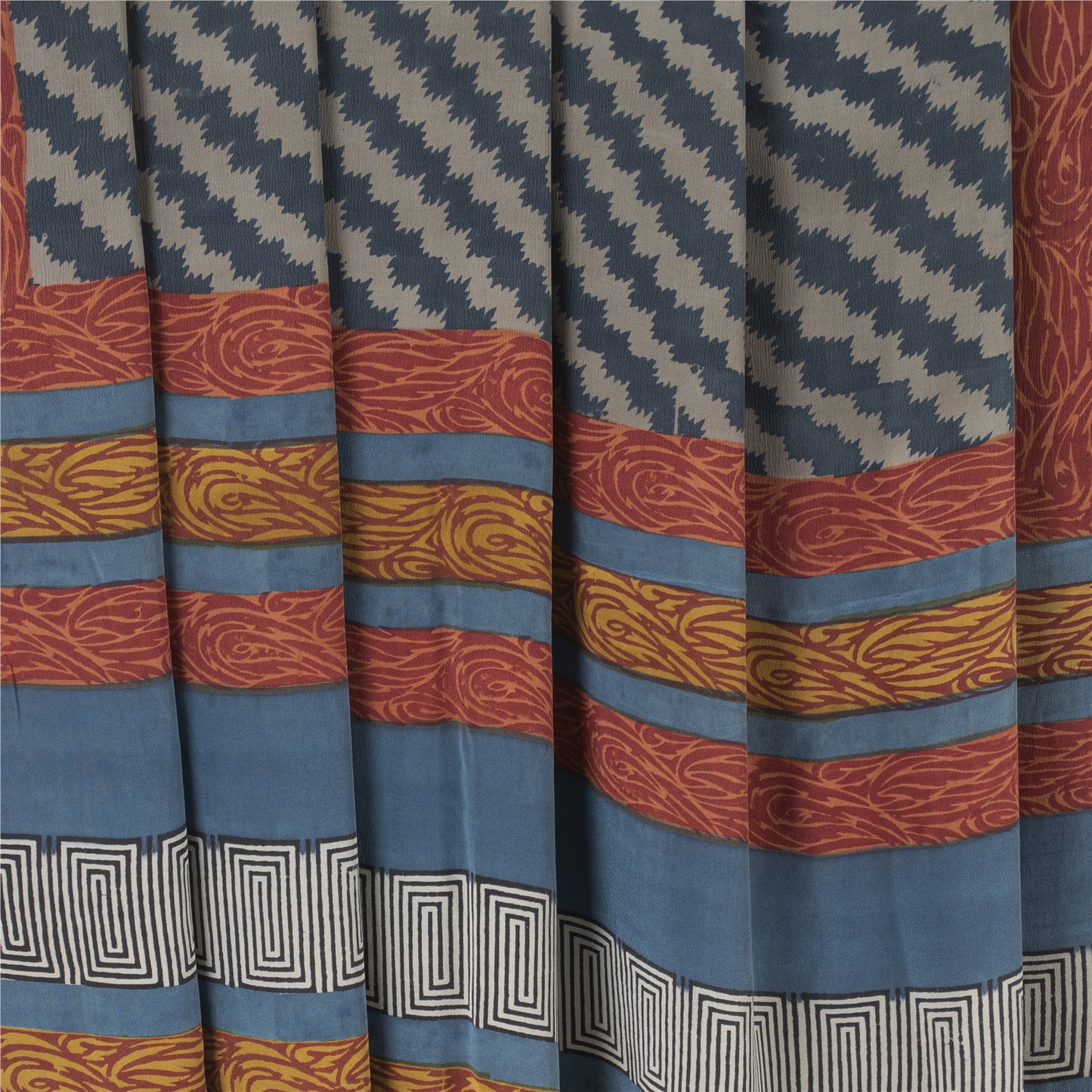 Sanskriti Vintage Sarees Blue Pure Crepe Silk Printed Sari 5+yd Craft Fabric