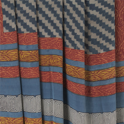 Sanskriti Vintage Sarees Blue Pure Crepe Silk Printed Sari 5+yd Craft Fabric