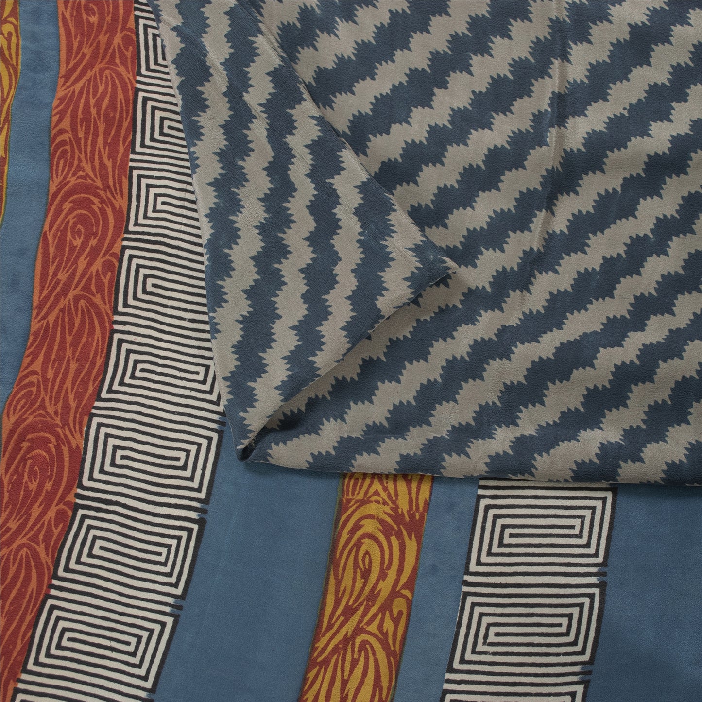 Sanskriti Vintage Sarees Blue Pure Crepe Silk Printed Sari 5+yd Craft Fabric