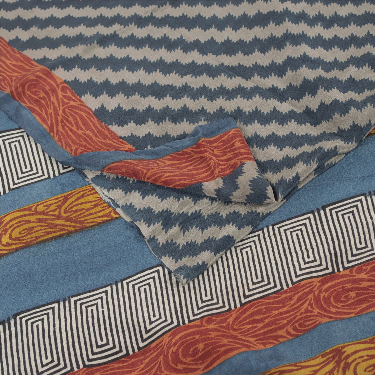 Sanskriti Vintage Sarees Blue Pure Crepe Silk Printed Sari 5+yd Craft Fabric