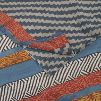 Sanskriti Vintage Sarees Blue Pure Crepe Silk Printed Sari 5+yd Craft Fabric