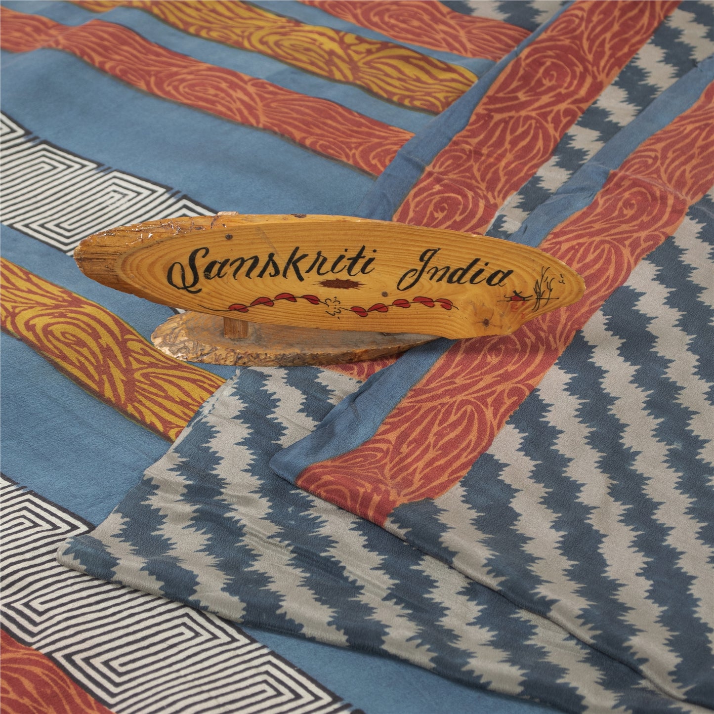 Sanskriti Vintage Sarees Blue Pure Crepe Silk Printed Sari 5+yd Craft Fabric