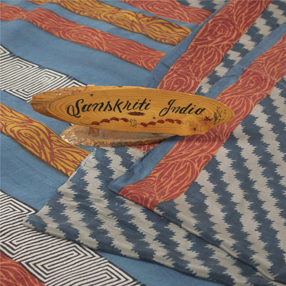 Sanskriti Vintage Sarees Blue Pure Crepe Silk Printed Sari 5+yd Craft Fabric