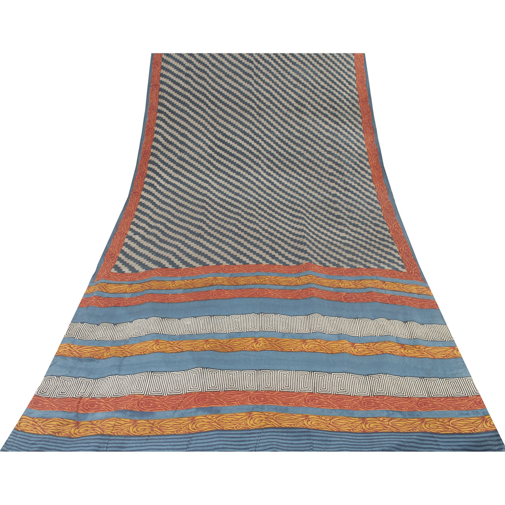 Sanskriti Vintage Sarees Blue Pure Crepe Silk Printed Sari 5+yd Craft Fabric