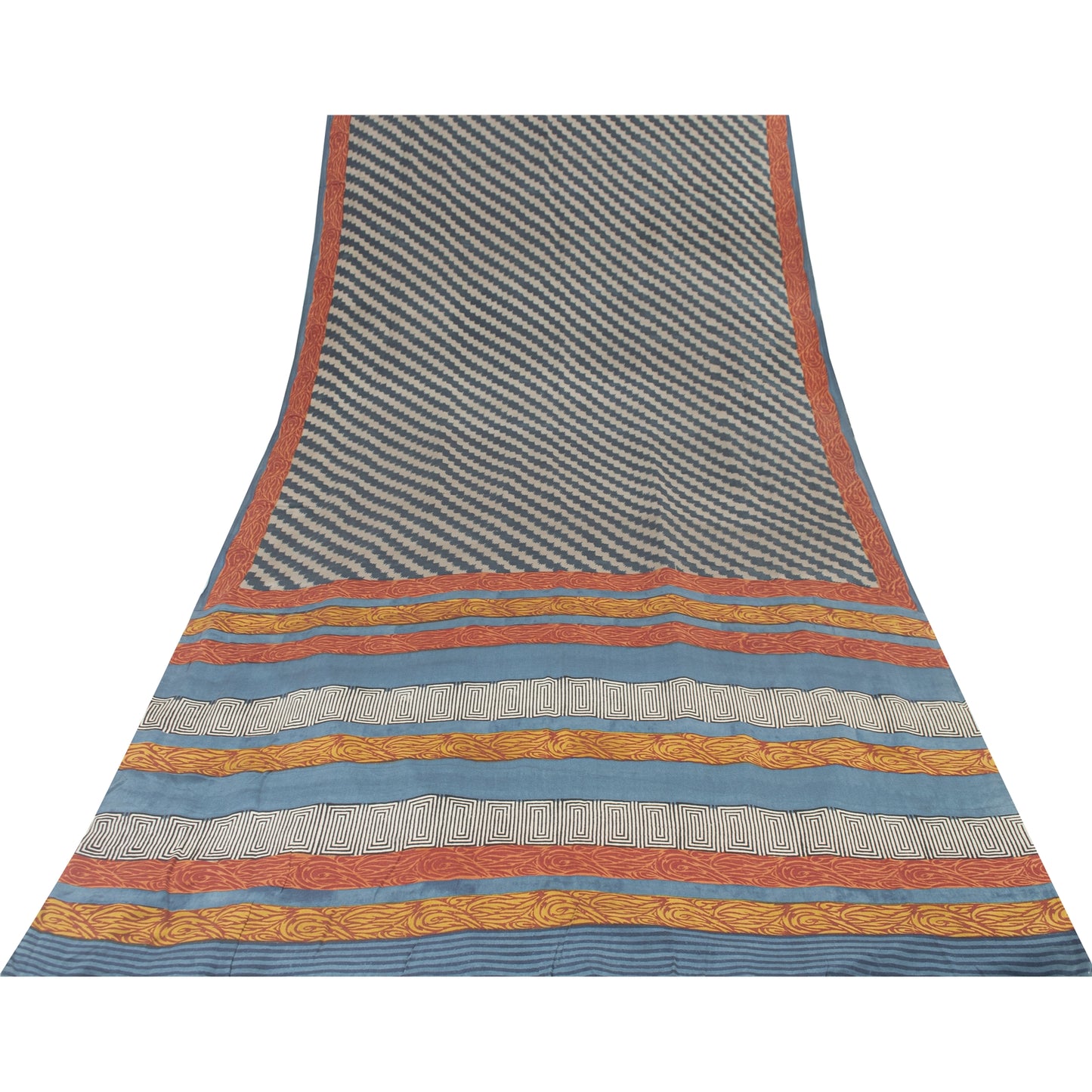 Sanskriti Vintage Sarees Blue Pure Crepe Silk Printed Sari 5+yd Craft Fabric