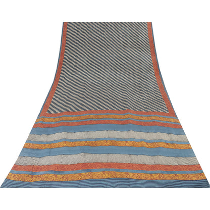 Sanskriti Vintage Sarees Blue Pure Crepe Silk Printed Sari 5+yd Craft Fabric