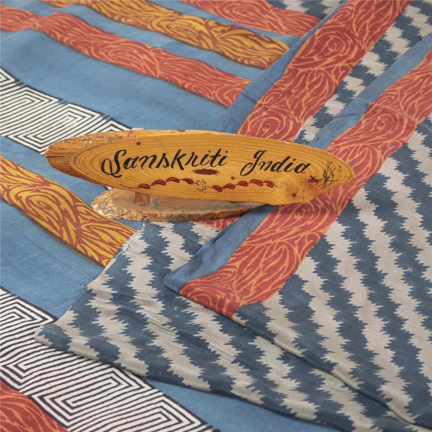 Sanskriti Vintage Sarees Blue Pure Crepe Silk Printed Sari 5+yd Craft Fabric