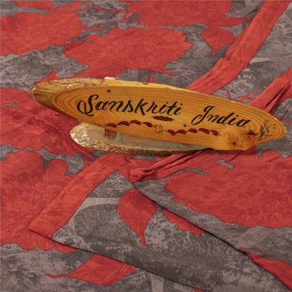 Sanskriti Vintage Sarees Brown & Red Pure Crepe Printed Sari 5+yd Craft Fabric