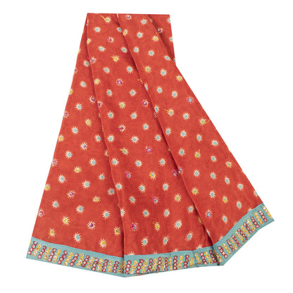 Sanskriti Vintage Sarees Red Pure Crepe Print Hand Beaded Sari 5+yd Craft Fabric