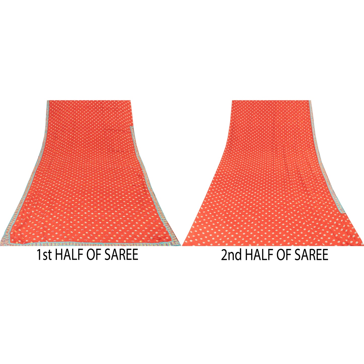 Sanskriti Vintage Sarees Red Pure Crepe Print Hand Beaded Sari 5+yd Craft Fabric