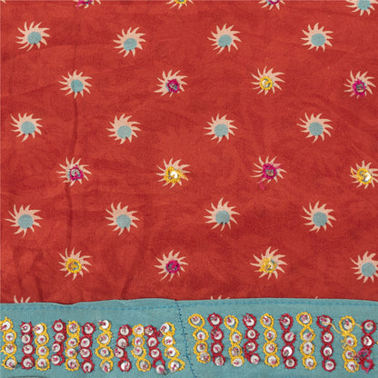 Sanskriti Vintage Sarees Red Pure Crepe Print Hand Beaded Sari 5+yd Craft Fabric