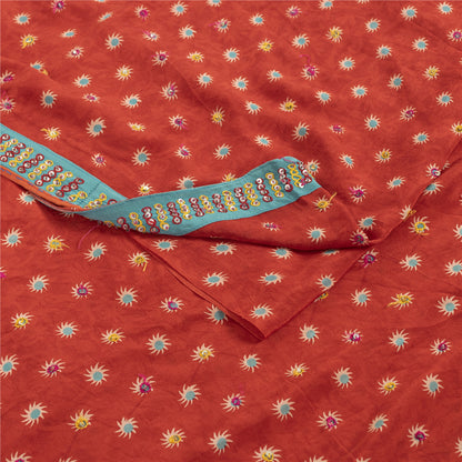 Sanskriti Vintage Sarees Red Pure Crepe Print Hand Beaded Sari 5+yd Craft Fabric
