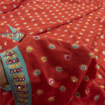 Sanskriti Vintage Sarees Red Pure Crepe Print Hand Beaded Sari 5+yd Craft Fabric