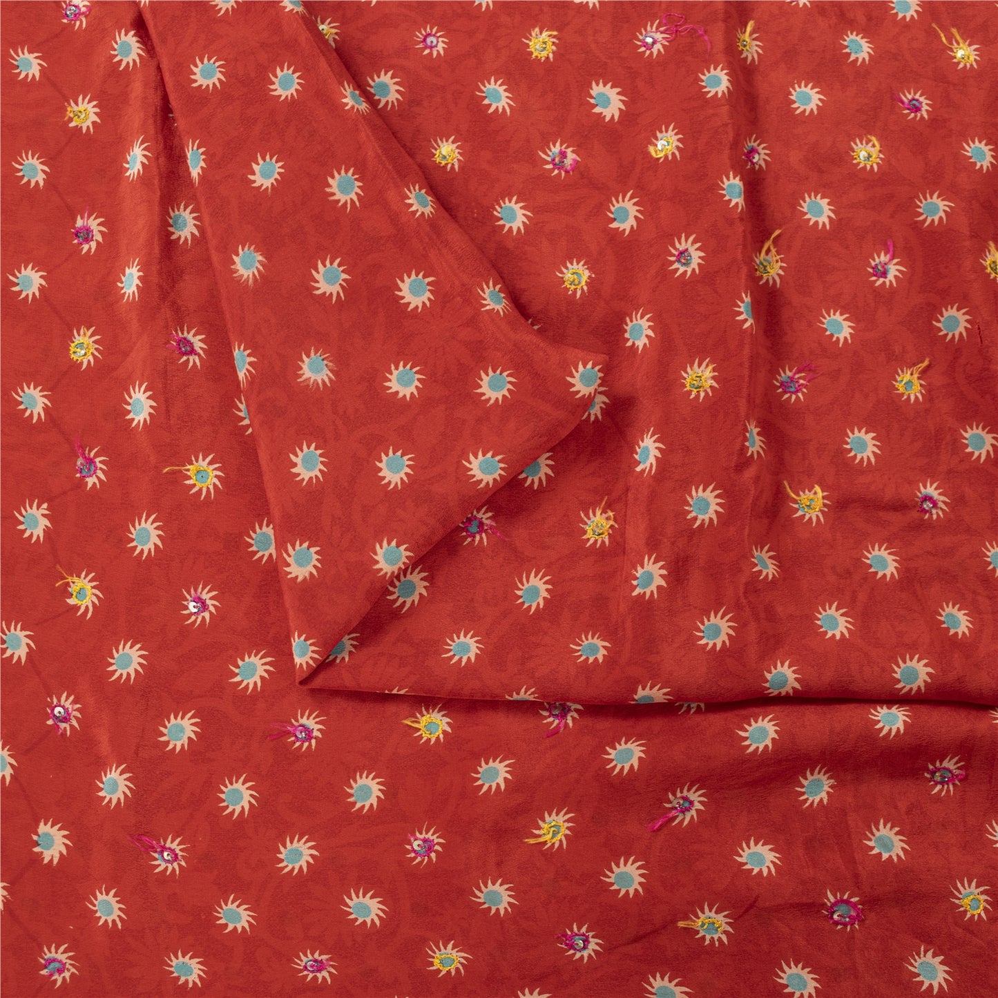 Sanskriti Vintage Sarees Red Pure Crepe Print Hand Beaded Sari 5+yd Craft Fabric