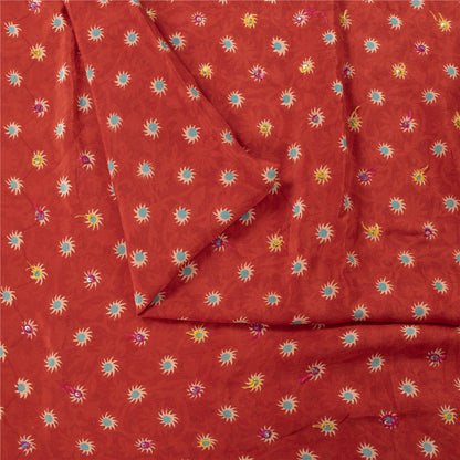 Sanskriti Vintage Sarees Red Pure Crepe Print Hand Beaded Sari 5+yd Craft Fabric