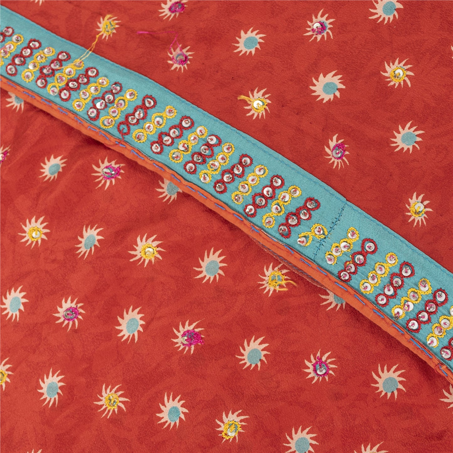 Sanskriti Vintage Sarees Red Pure Crepe Print Hand Beaded Sari 5+yd Craft Fabric