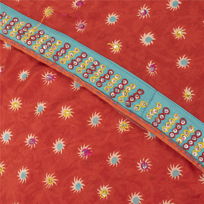 Sanskriti Vintage Sarees Red Pure Crepe Print Hand Beaded Sari 5+yd Craft Fabric