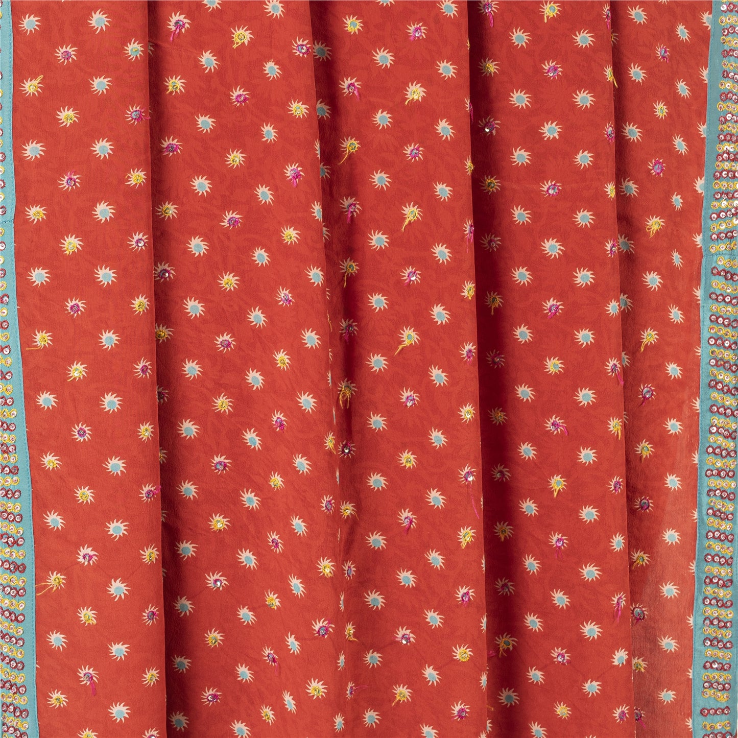 Sanskriti Vintage Sarees Red Pure Crepe Print Hand Beaded Sari 5+yd Craft Fabric