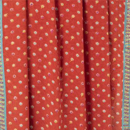 Sanskriti Vintage Sarees Red Pure Crepe Print Hand Beaded Sari 5+yd Craft Fabric