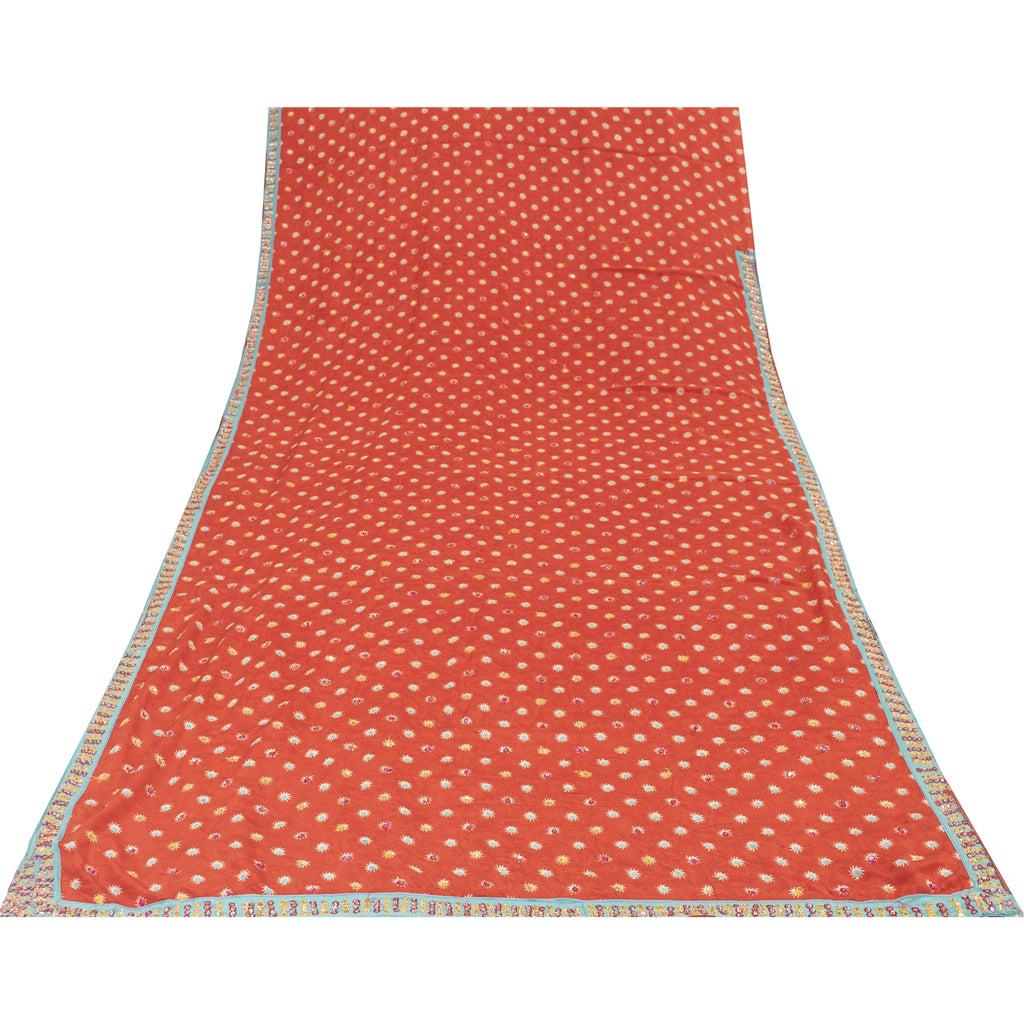 Sanskriti Vintage Sarees Red Pure Crepe Print Hand Beaded Sari 5+yd Craft Fabric