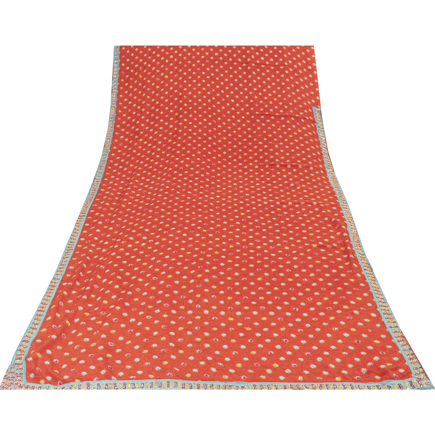 Sanskriti Vintage Sarees Red Pure Crepe Print Hand Beaded Sari 5+yd Craft Fabric