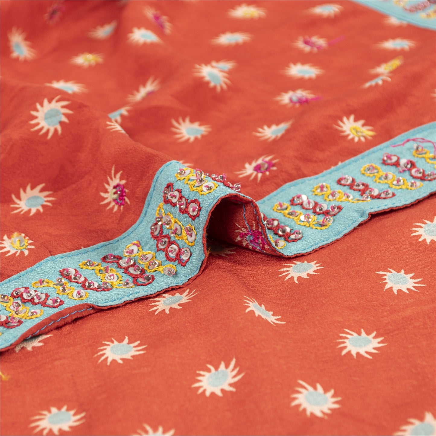 Sanskriti Vintage Sarees Red Pure Crepe Print Hand Beaded Sari 5+yd Craft Fabric