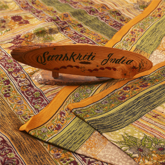 Sanskriti Vintage Sarees Yellow Pure Crepe Silk Printed Sari 5+yd Craft Fabric