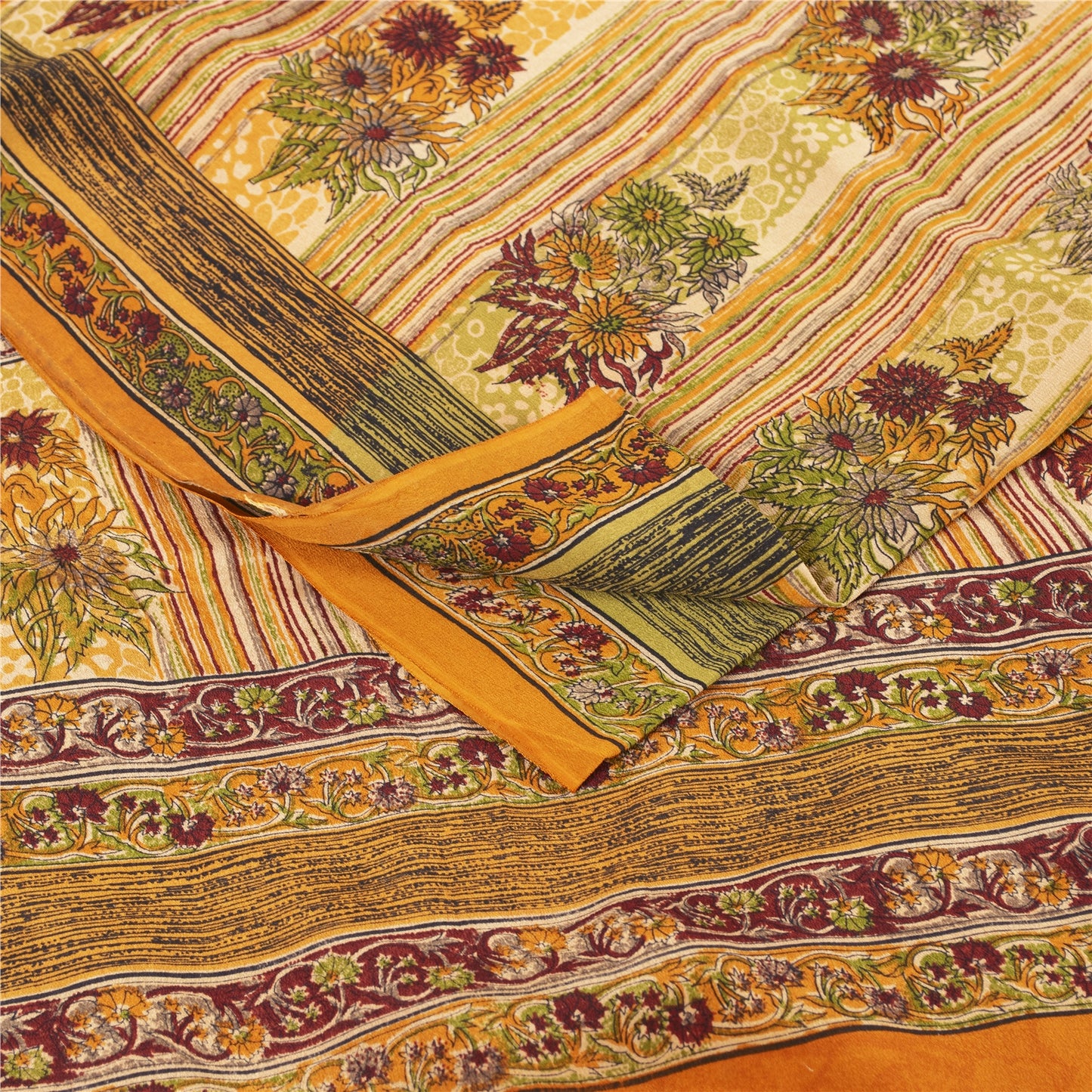 Sanskriti Vintage Sarees Yellow Pure Crepe Silk Printed Sari 5+yd Craft Fabric