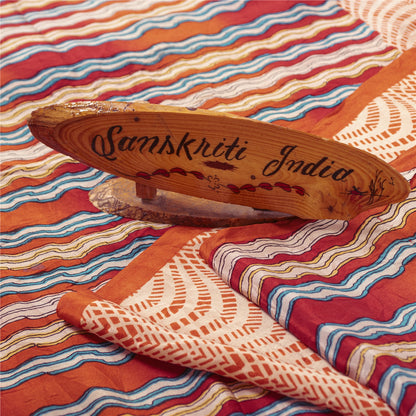 Sanskriti Vintage Sarees Red & Peach Pure Crepe Printed Sari 5+yd Craft Fabric