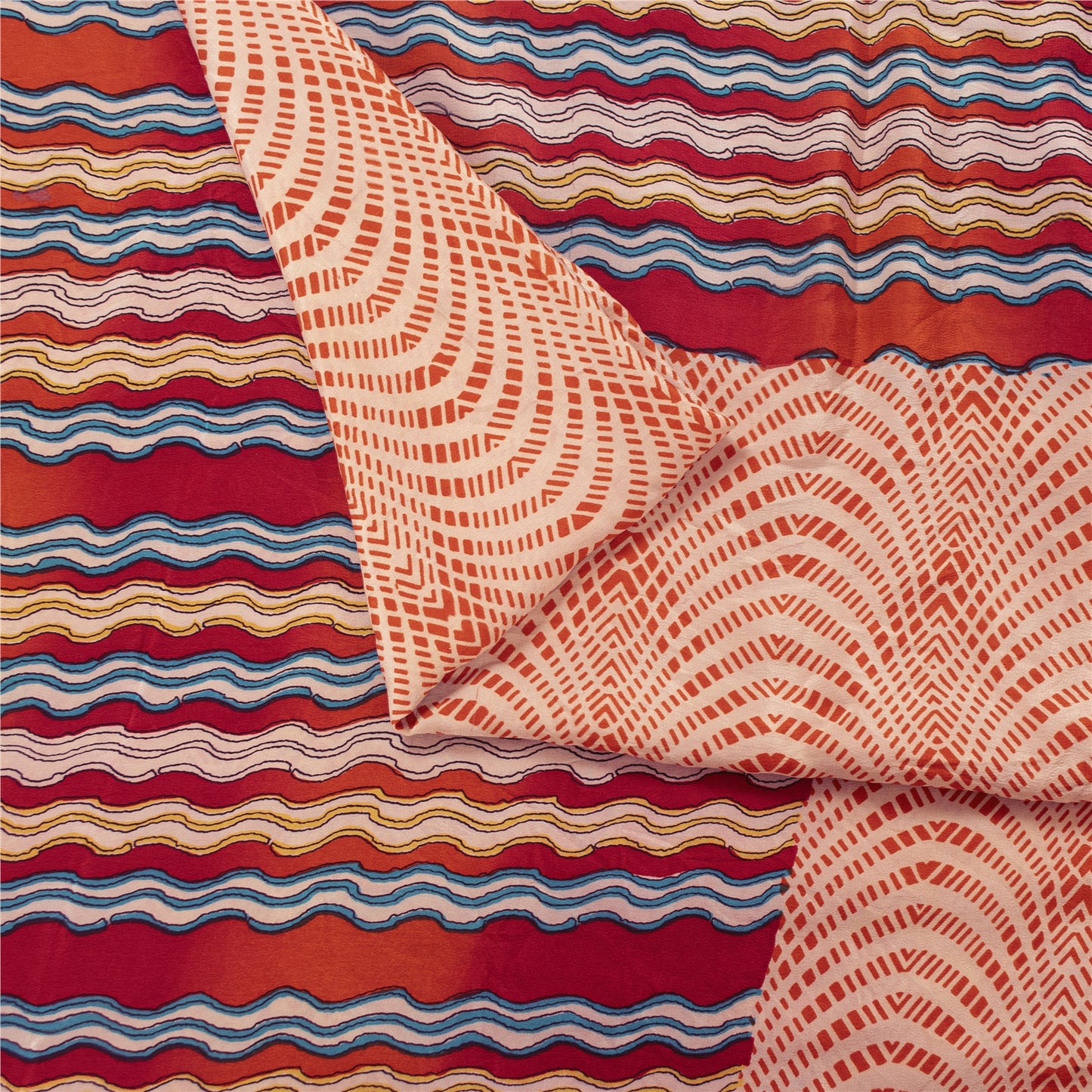 Sanskriti Vintage Sarees Red & Peach Pure Crepe Printed Sari 5+yd Craft Fabric