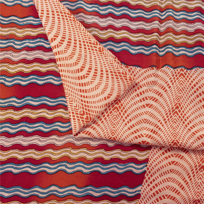 Sanskriti Vintage Sarees Red & Peach Pure Crepe Printed Sari 5+yd Craft Fabric