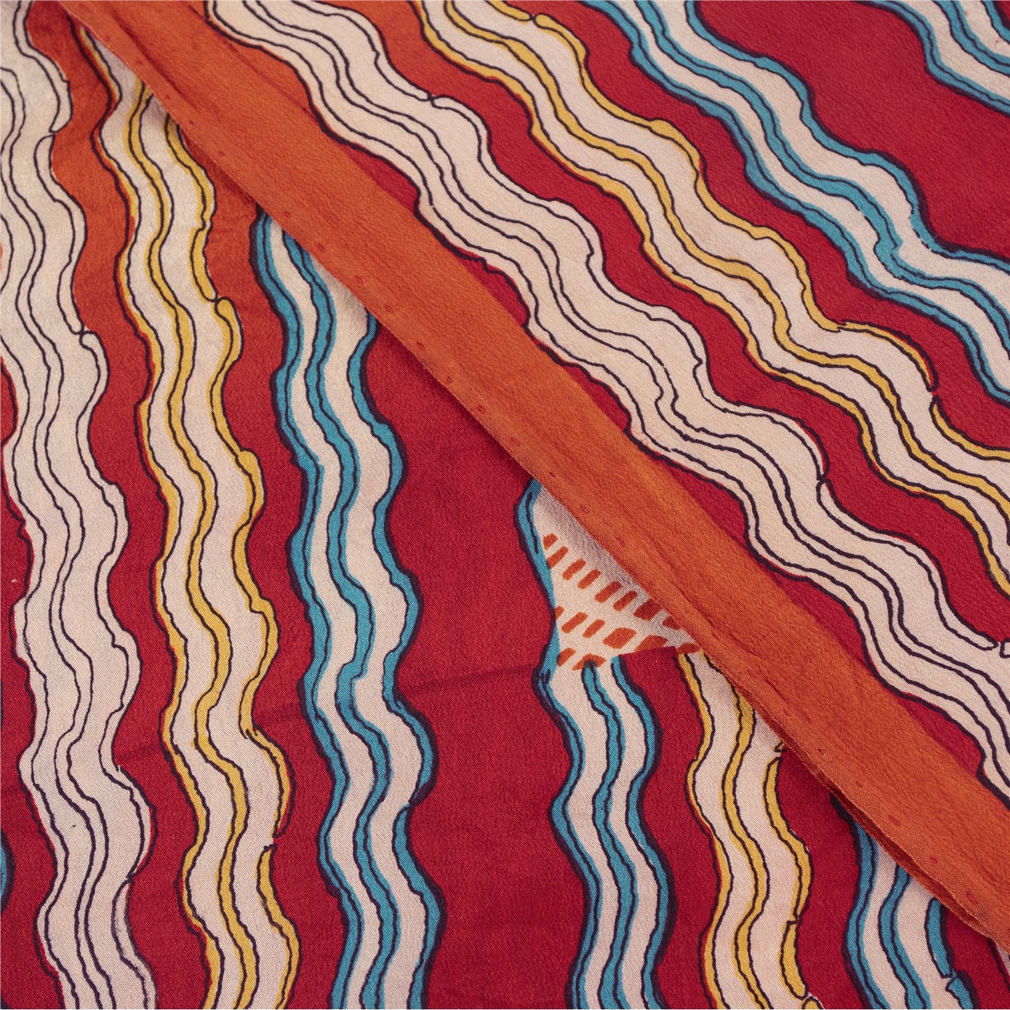 Sanskriti Vintage Sarees Red & Peach Pure Crepe Printed Sari 5+yd Craft Fabric