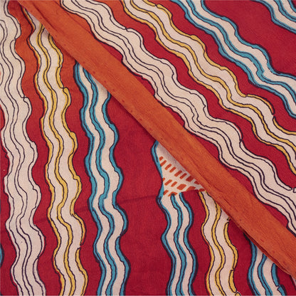 Sanskriti Vintage Sarees Red & Peach Pure Crepe Printed Sari 5+yd Craft Fabric
