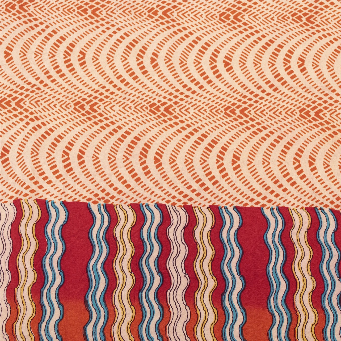 Sanskriti Vintage Sarees Red & Peach Pure Crepe Printed Sari 5+yd Craft Fabric