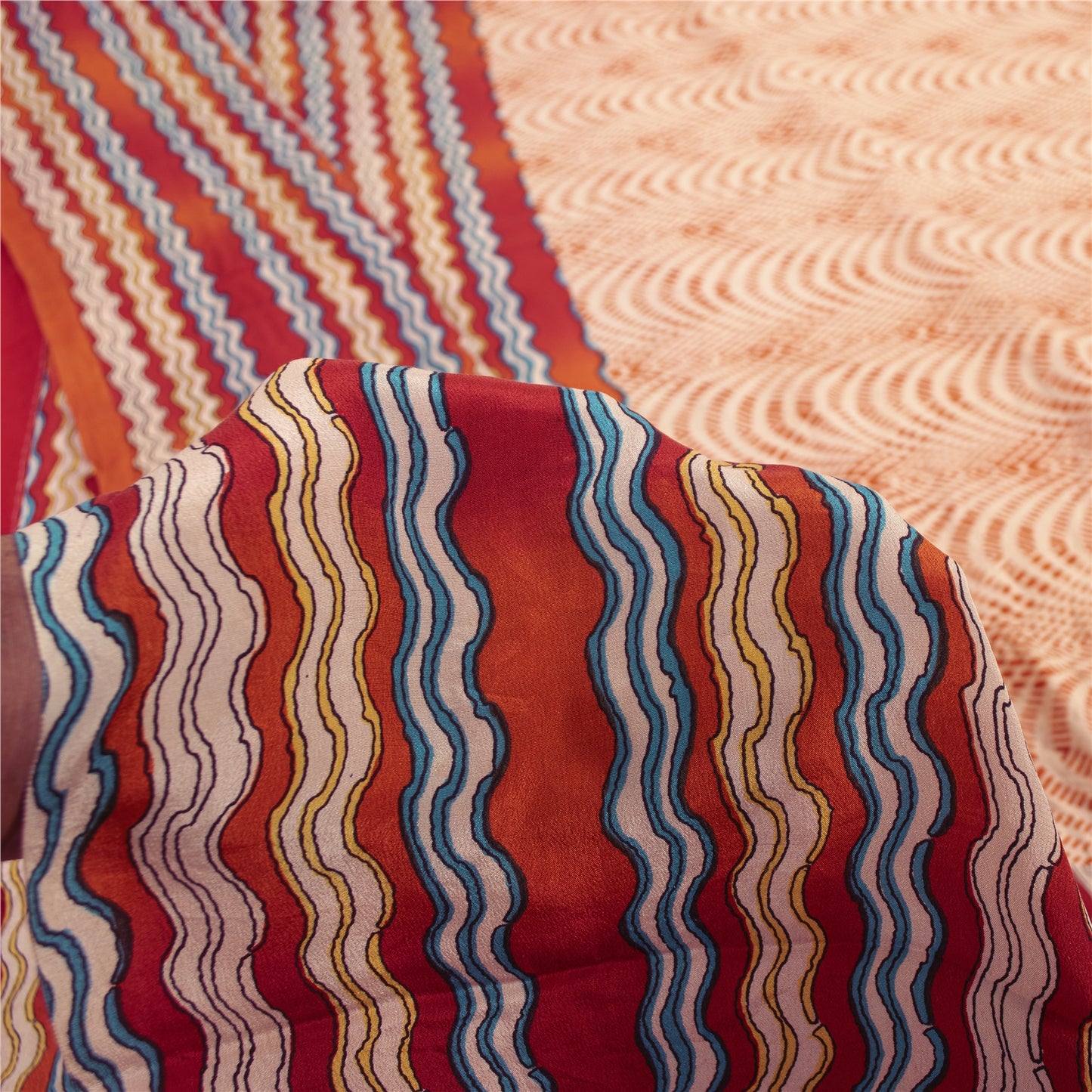 Sanskriti Vintage Sarees Red & Peach Pure Crepe Printed Sari 5+yd Craft Fabric