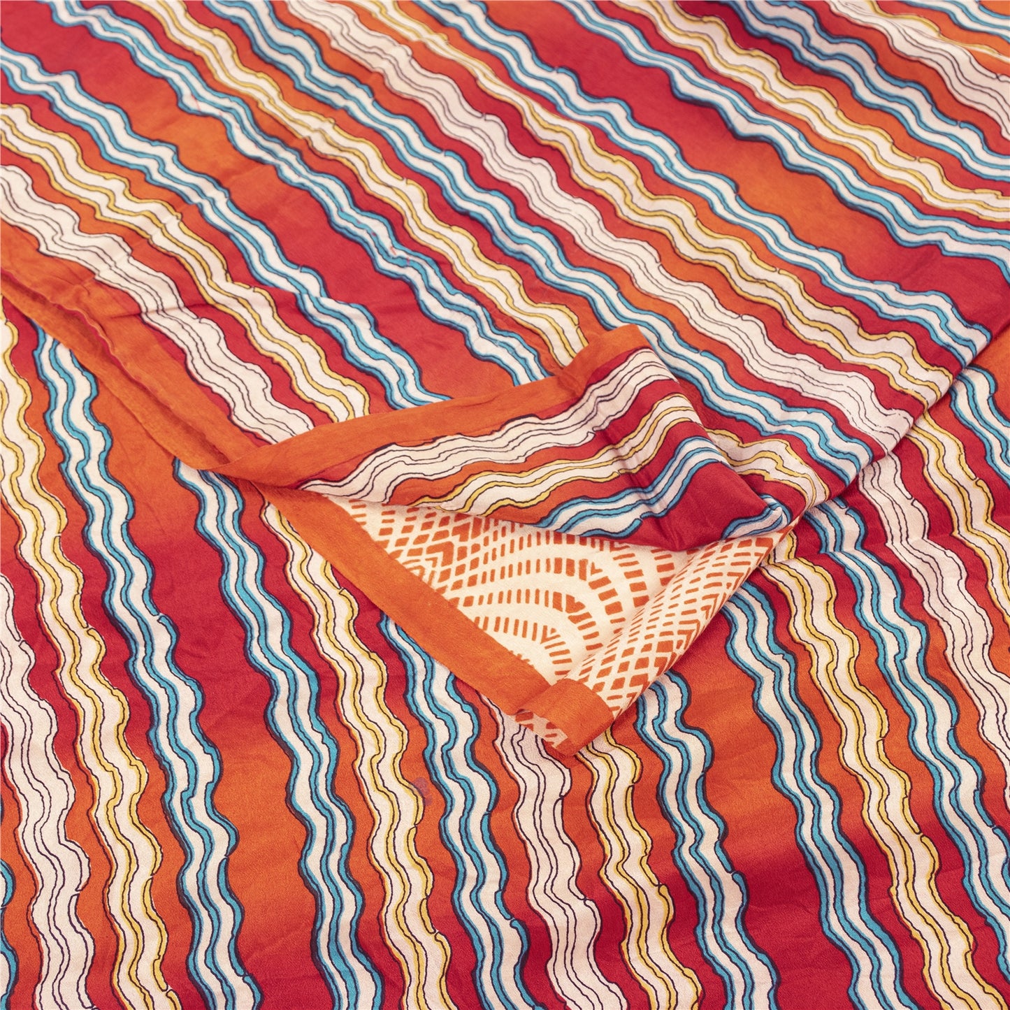 Sanskriti Vintage Sarees Red & Peach Pure Crepe Printed Sari 5+yd Craft Fabric