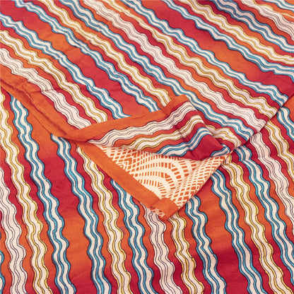 Sanskriti Vintage Sarees Red & Peach Pure Crepe Printed Sari 5+yd Craft Fabric
