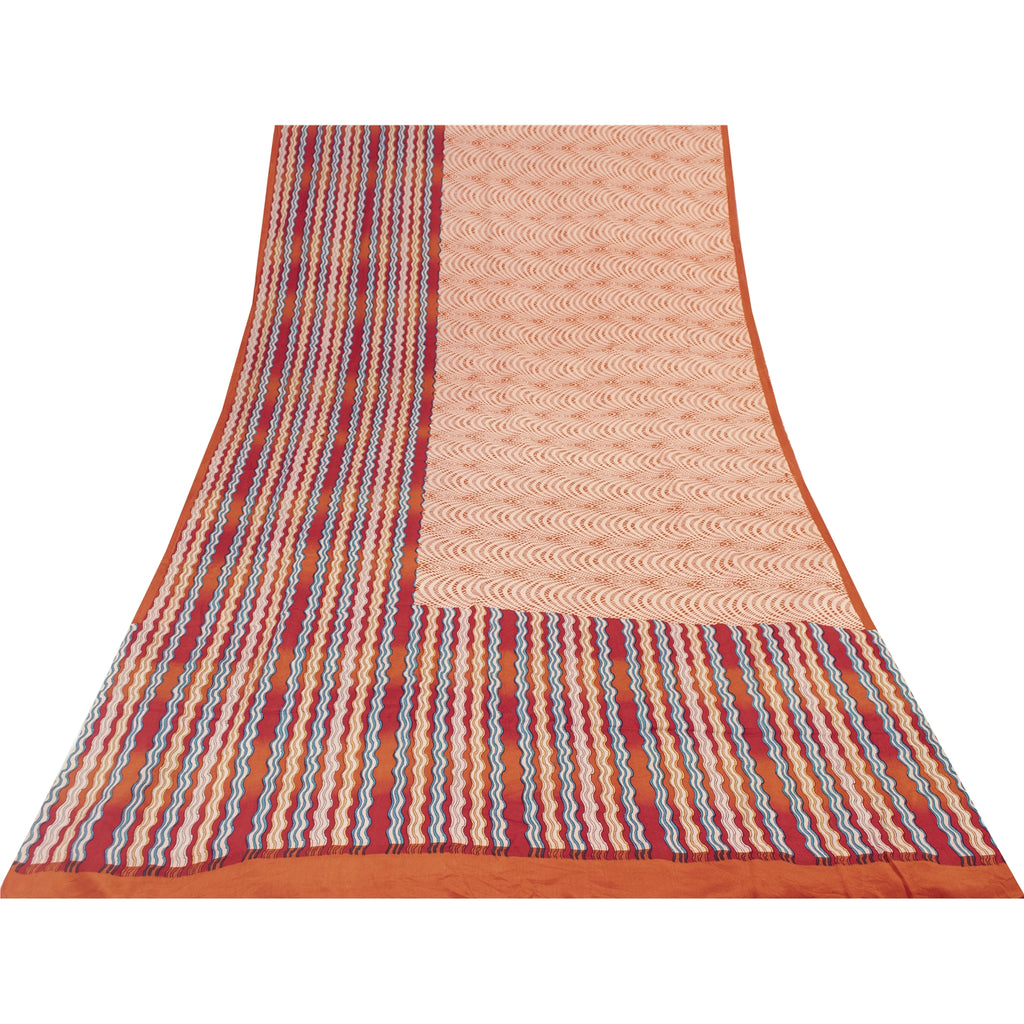 Sanskriti Vintage Sarees Red & Peach Pure Crepe Printed Sari 5+yd Craft Fabric