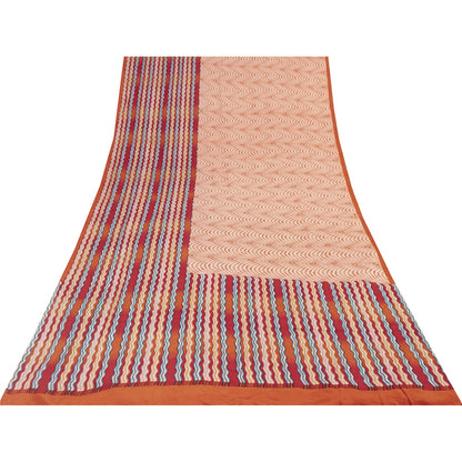 Sanskriti Vintage Sarees Red & Peach Pure Crepe Printed Sari 5+yd Craft Fabric