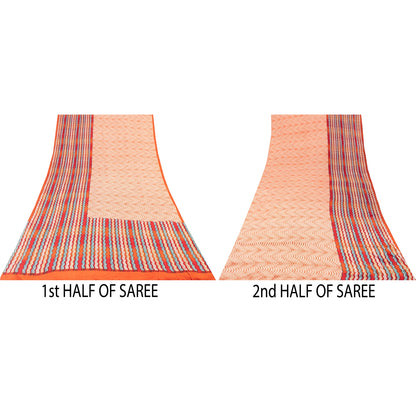 Sanskriti Vintage Sarees Red & Peach Pure Crepe Printed Sari 5+yd Craft Fabric