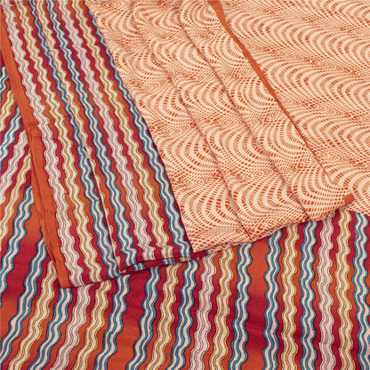 Sanskriti Vintage Sarees Red & Peach Pure Crepe Printed Sari 5+yd Craft Fabric