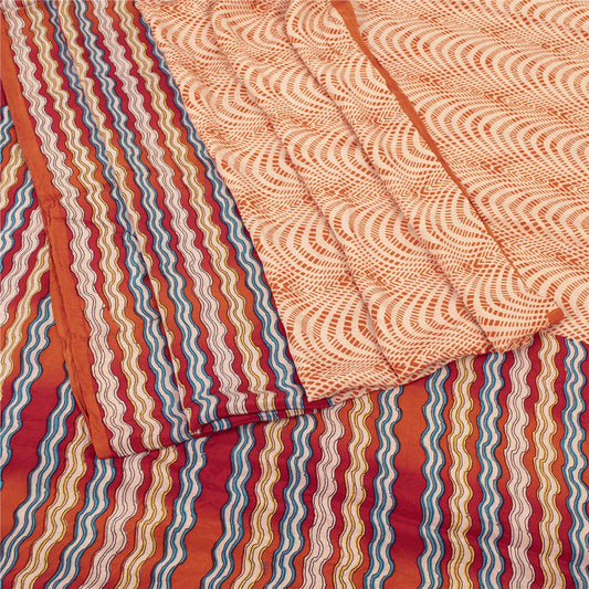 Sanskriti Vintage Sarees Red & Peach Pure Crepe Printed Sari 5+yd Craft Fabric