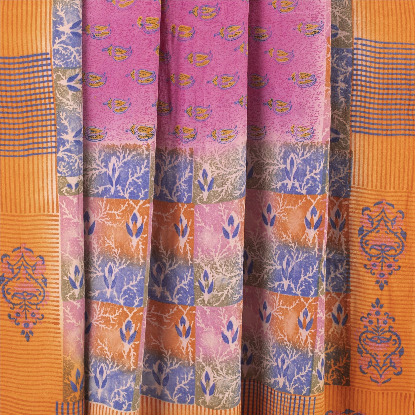 Sanskriti Vintage Sarees Pink 100%Pure Crepe Silk Printed Sari 5+yd Craft Fabric