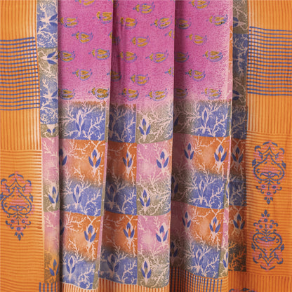 Sanskriti Vintage Sarees Pink 100%Pure Crepe Silk Printed Sari 5+yd Craft Fabric