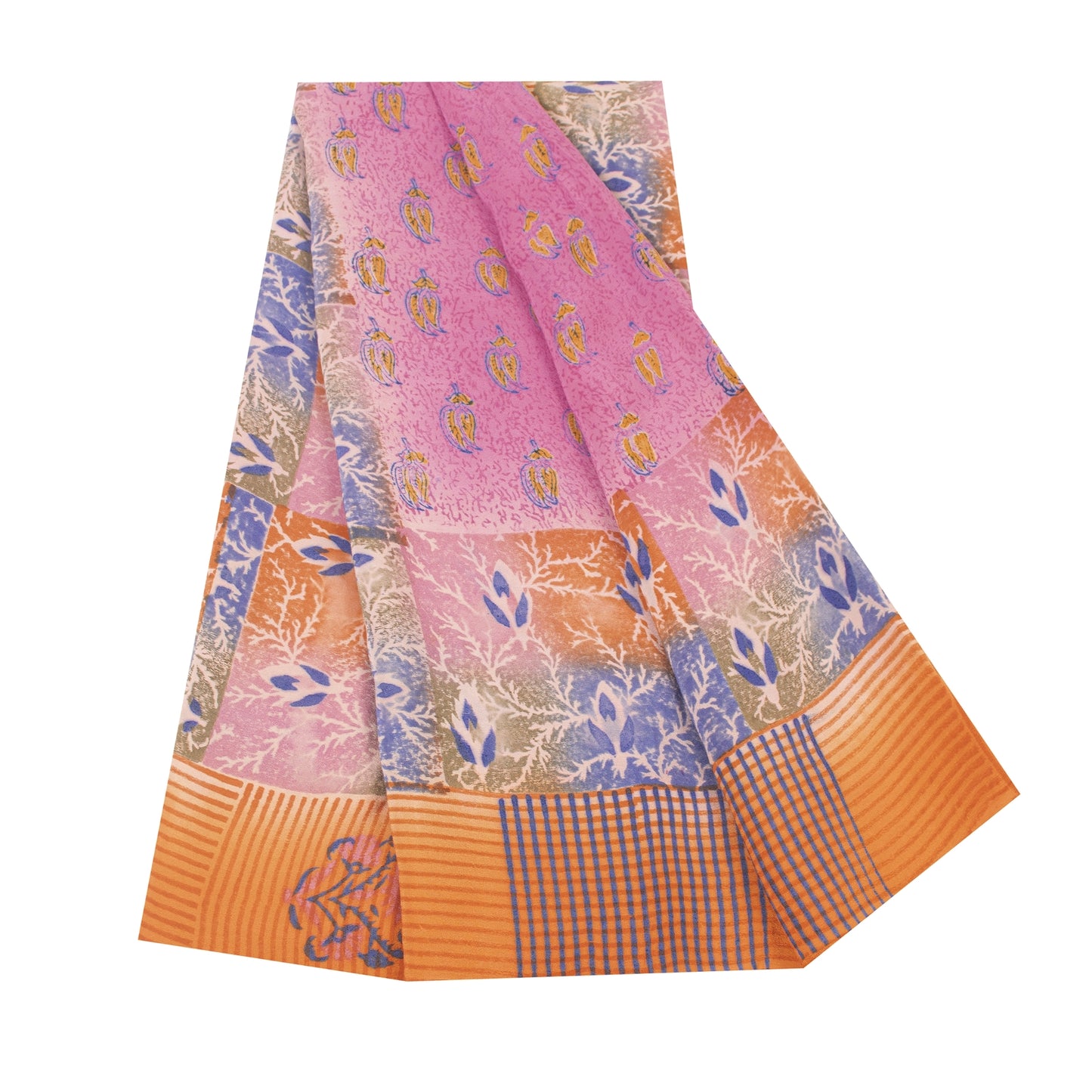 Sanskriti Vintage Sarees Pink 100%Pure Crepe Silk Printed Sari 5+yd Craft Fabric