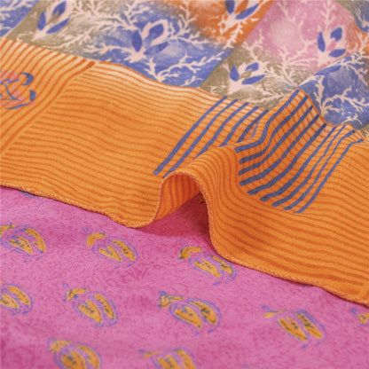 Sanskriti Vintage Sarees Pink 100%Pure Crepe Silk Printed Sari 5+yd Craft Fabric