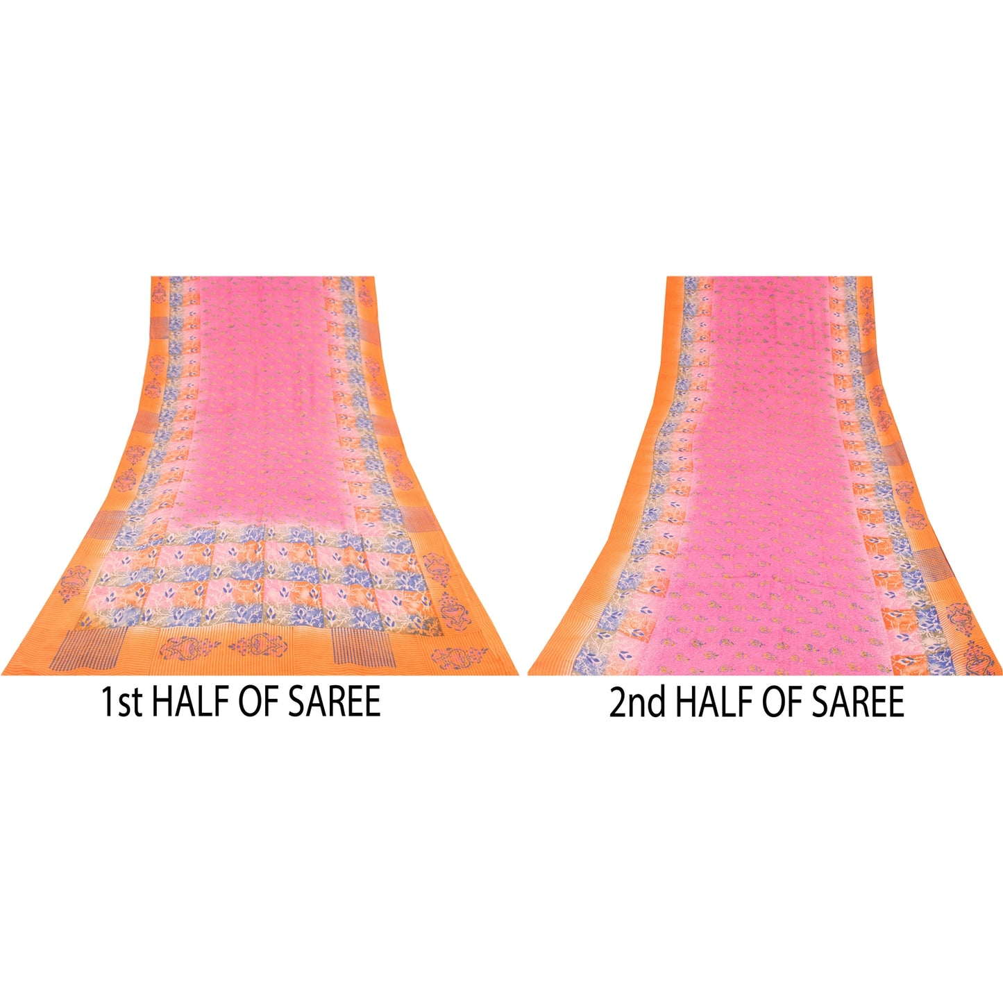 Sanskriti Vintage Sarees Pink 100%Pure Crepe Silk Printed Sari 5+yd Craft Fabric