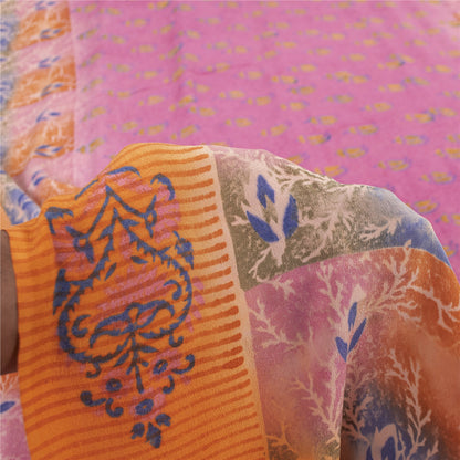 Sanskriti Vintage Sarees Pink 100%Pure Crepe Silk Printed Sari 5+yd Craft Fabric